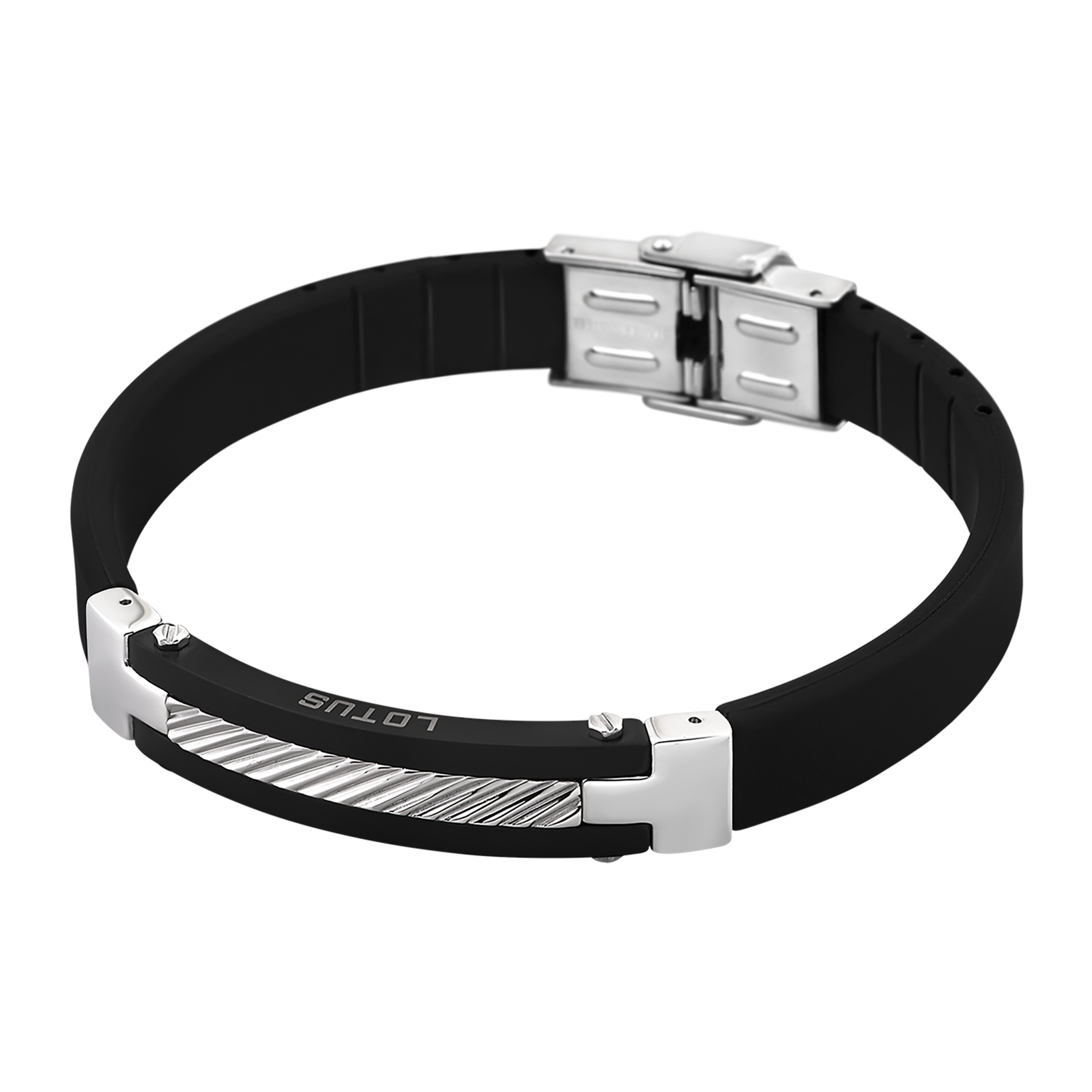 Pulsera Lotus Style LS1522-2/2 con placa de acero y cable en caucho negro y acero inoxidable