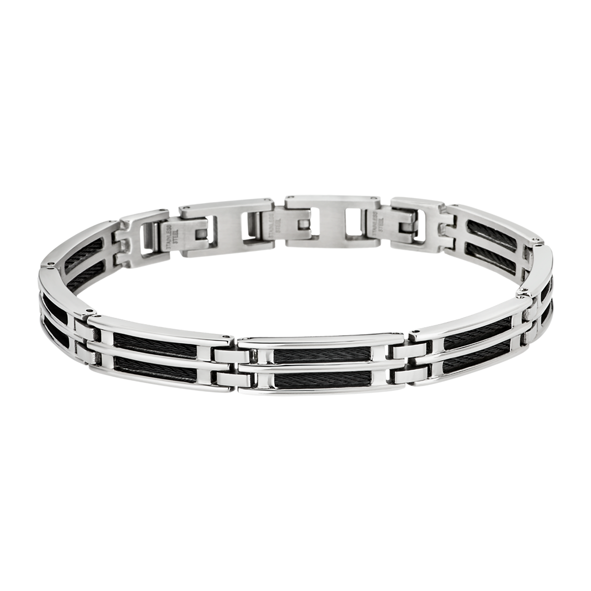Pulsera Lotus Style LS1800-2/1 de eslabones con cable y detalles negros en acero inoxidable