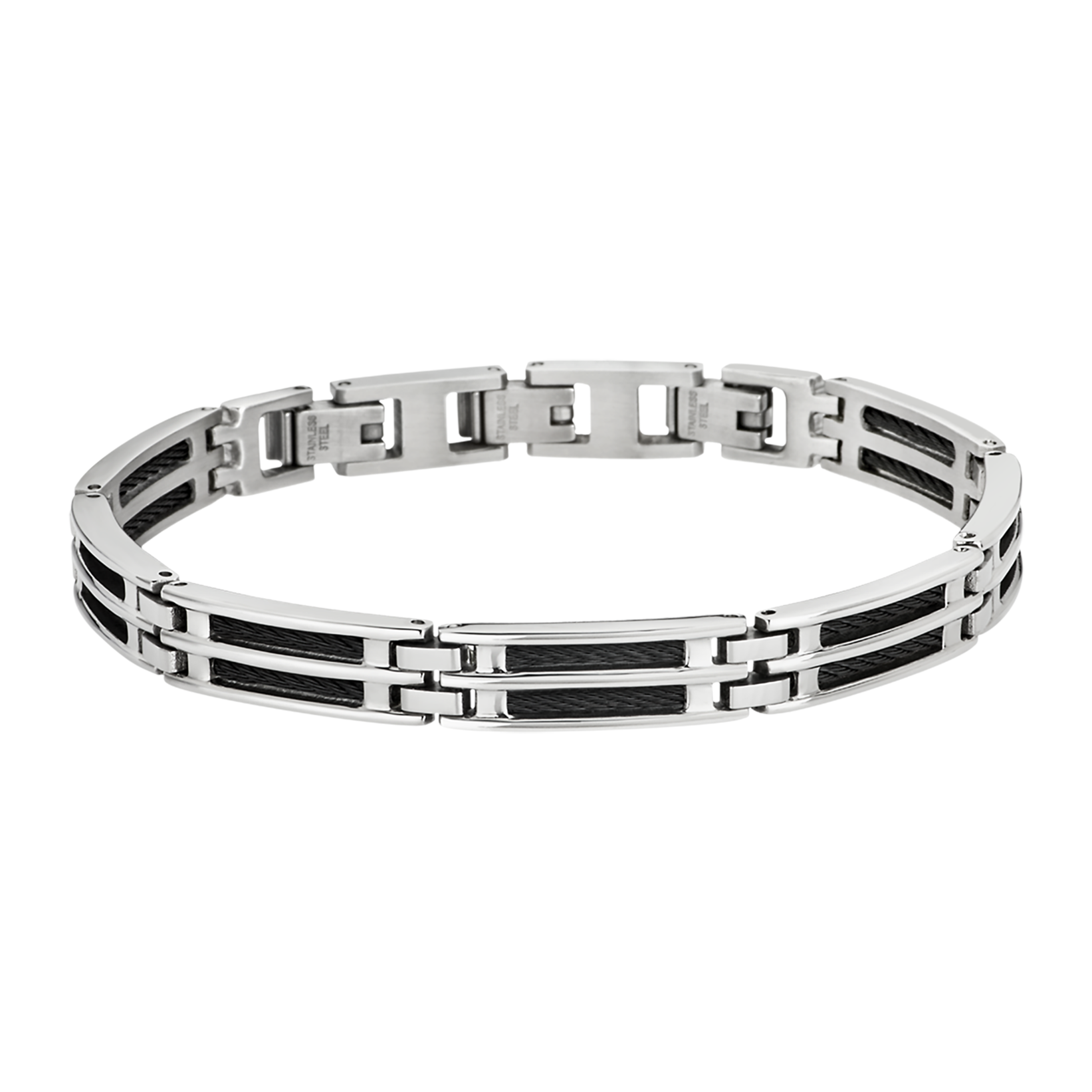 Pulsera Lotus Style LS1800-2/1 de eslabones con cable y detalles negros en acero inoxidable