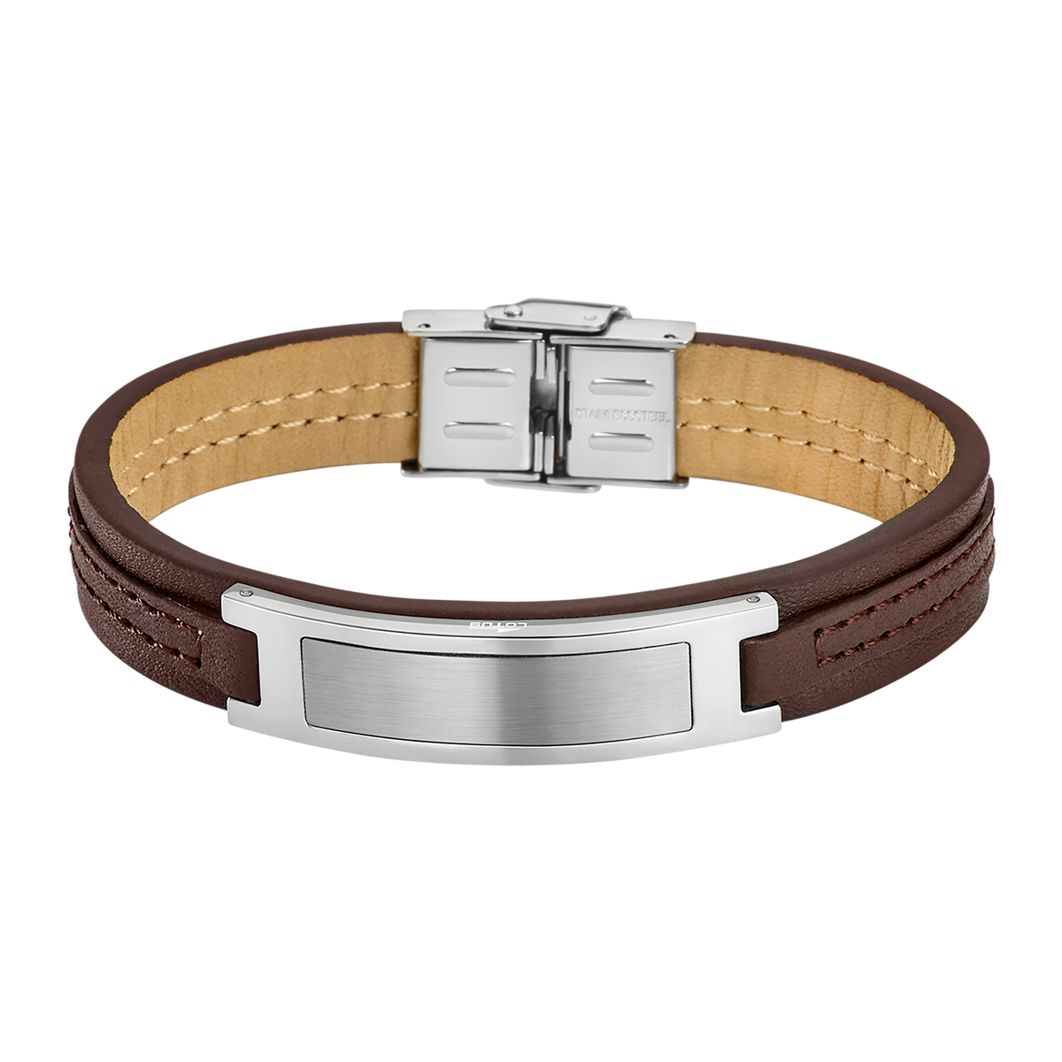Pulsera Lotus Style LS1808-2/1 con placa lisa grabable en cuero marrón y acero inoxidable