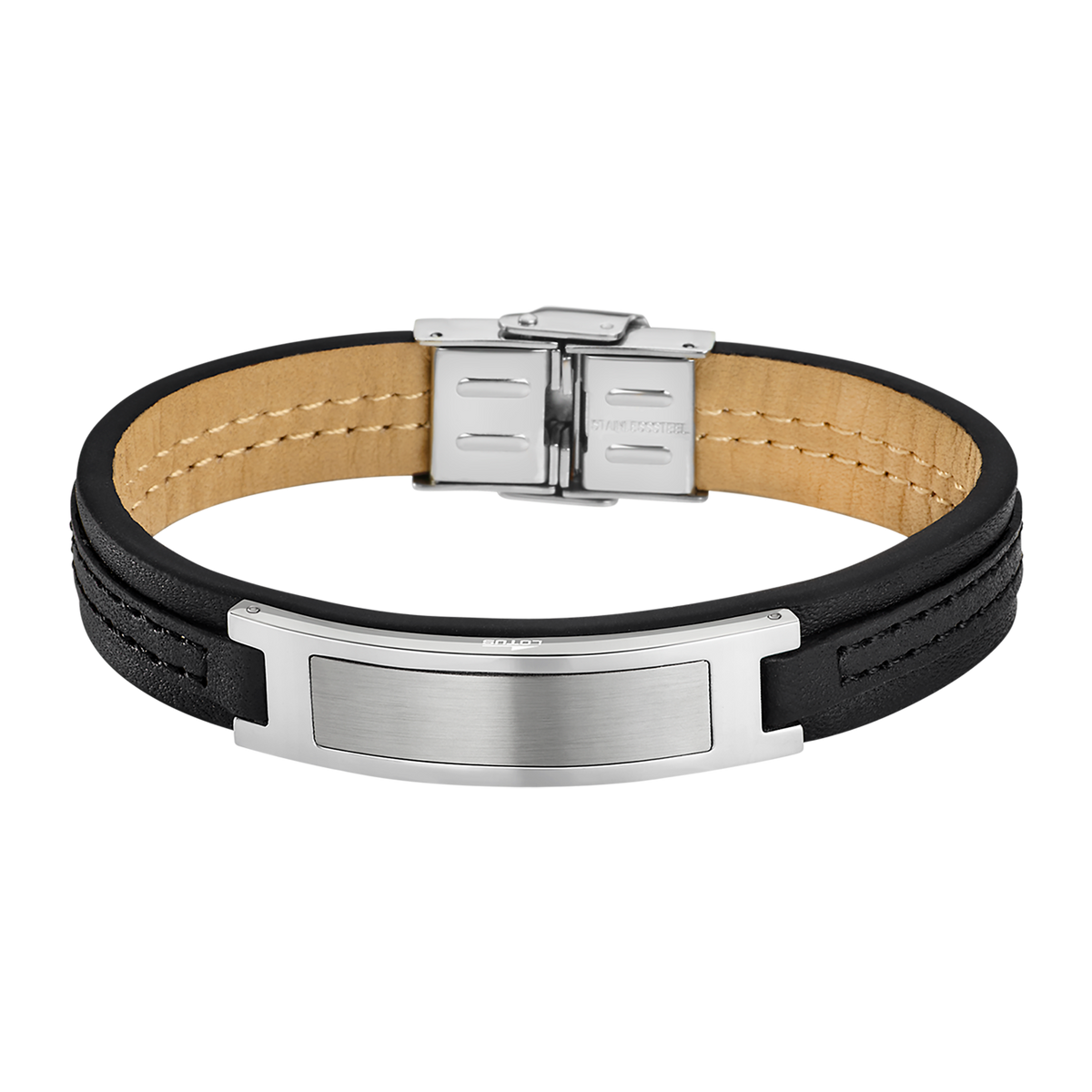 Pulsera Lotus Style LS1808-2/2 con placa lisa grabable en cuero negro y acero inoxidable