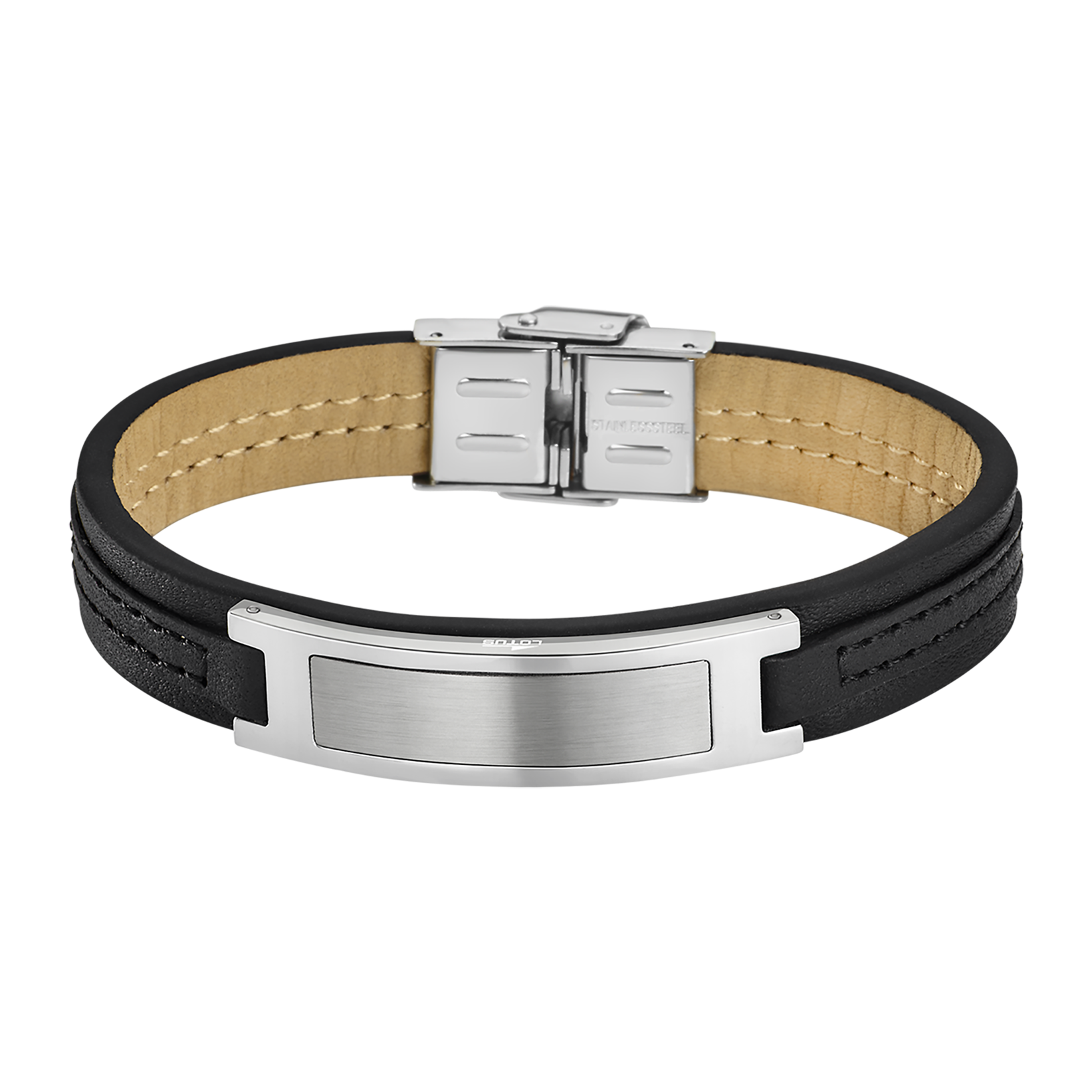 Pulsera Lotus Style LS1808-2/2 con placa lisa grabable en cuero negro y acero inoxidable