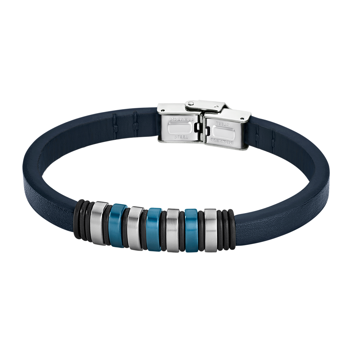 Pulsera Lotus Style LS1827-2/2 con anillas de acero y azul en cuero azul y acero inoxidable