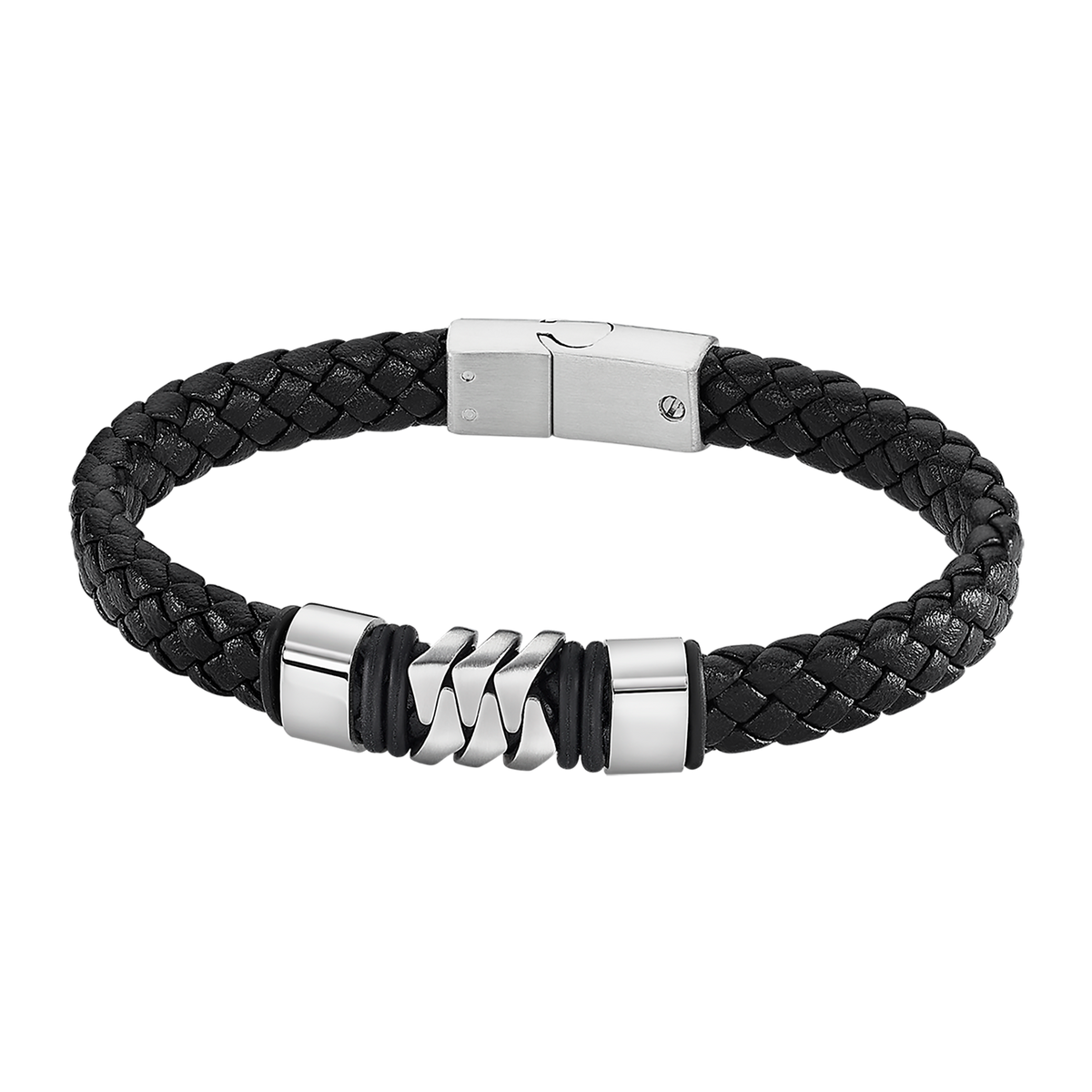 Pulsera Lotus Style LS2104-2/1 trenzada con anillas de acero en cuero negro trenzado y acero inoxidable