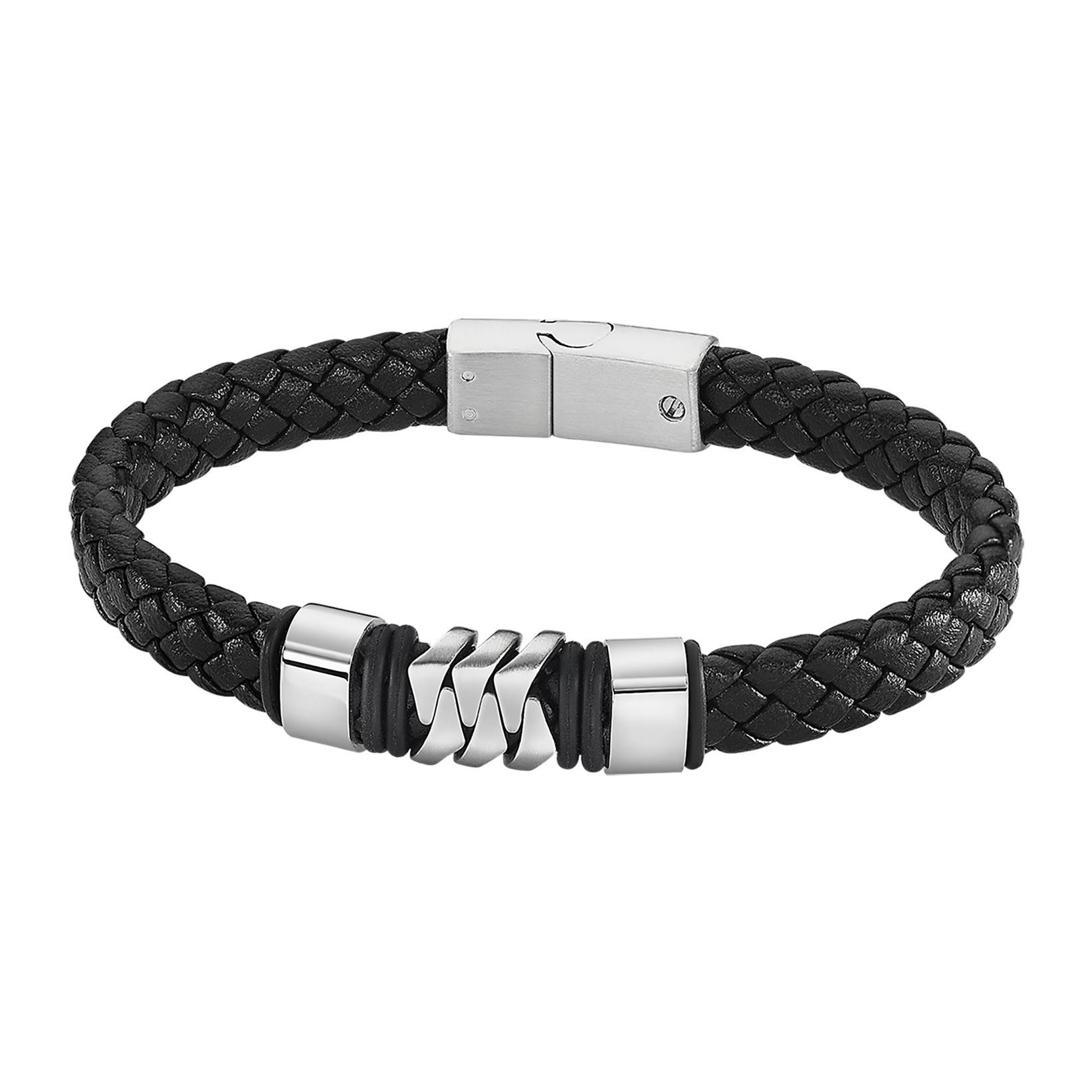 Pulsera Lotus Style LS2104-2/1 trenzada con anillas de acero en cuero negro trenzado y acero inoxidable
