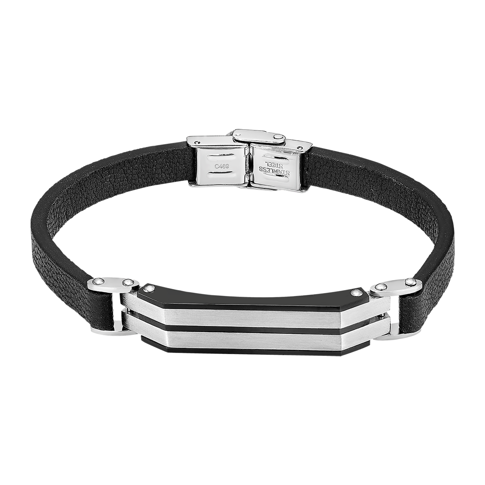 Pulsera Lotus Style LS2586-2/1 con placa alargada de acero en cuero negro y acero inoxidable