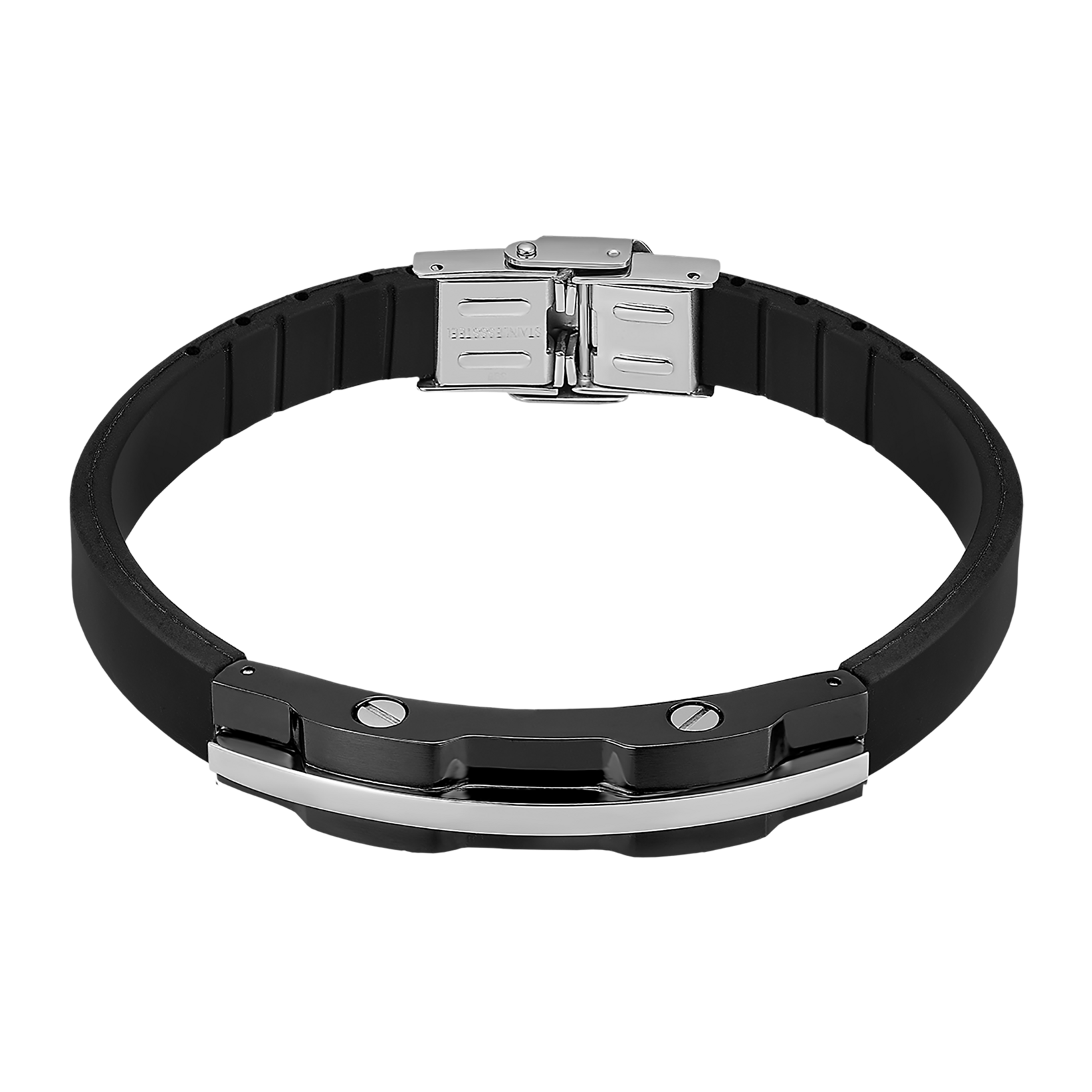 Pulsera Lotus Style LS2587-2/1 con placa de acero atornillada en caucho negro y acero inoxidable