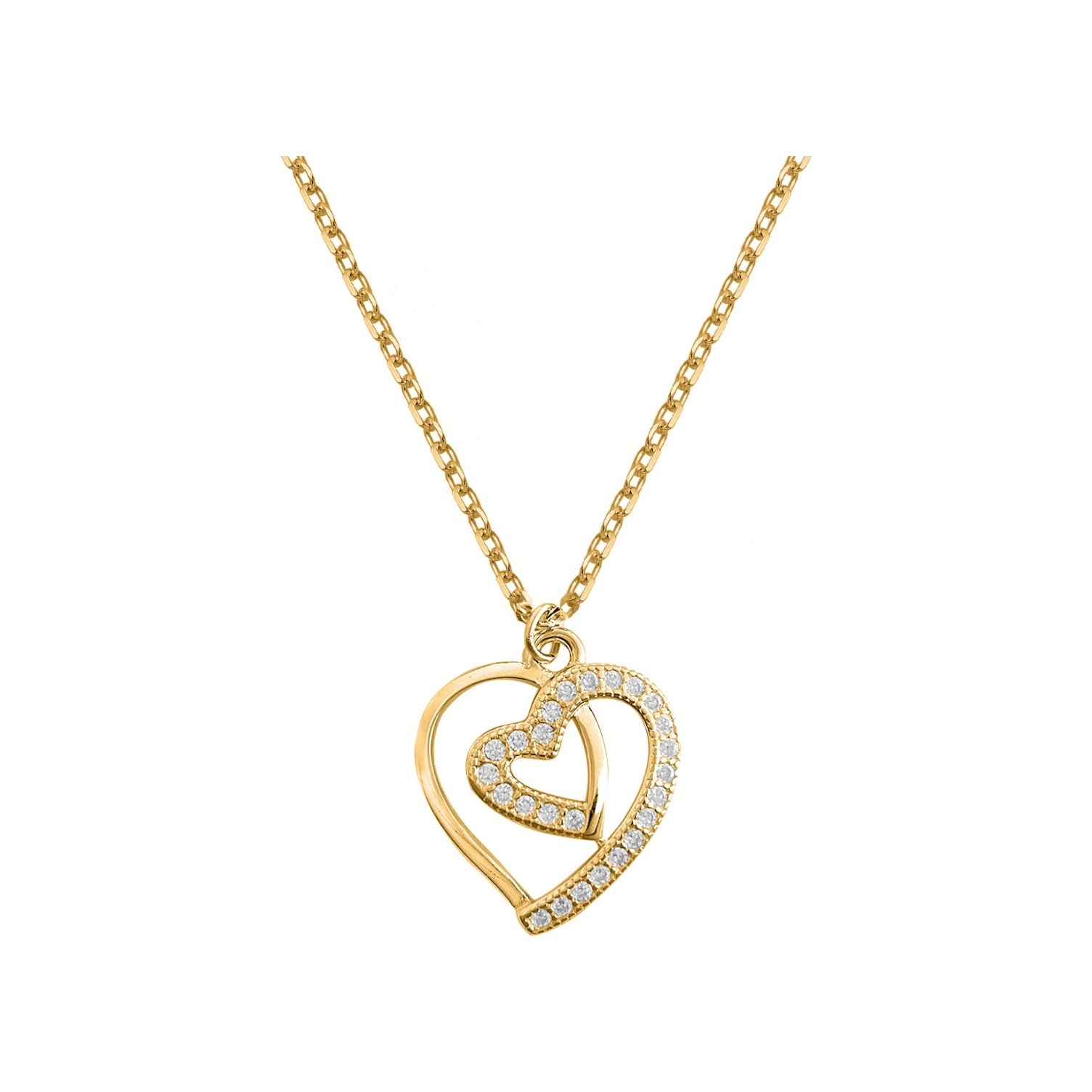 Gargantilla de plata de ley 925 con baño de oro y doble corazón de 14 mm con circonitas