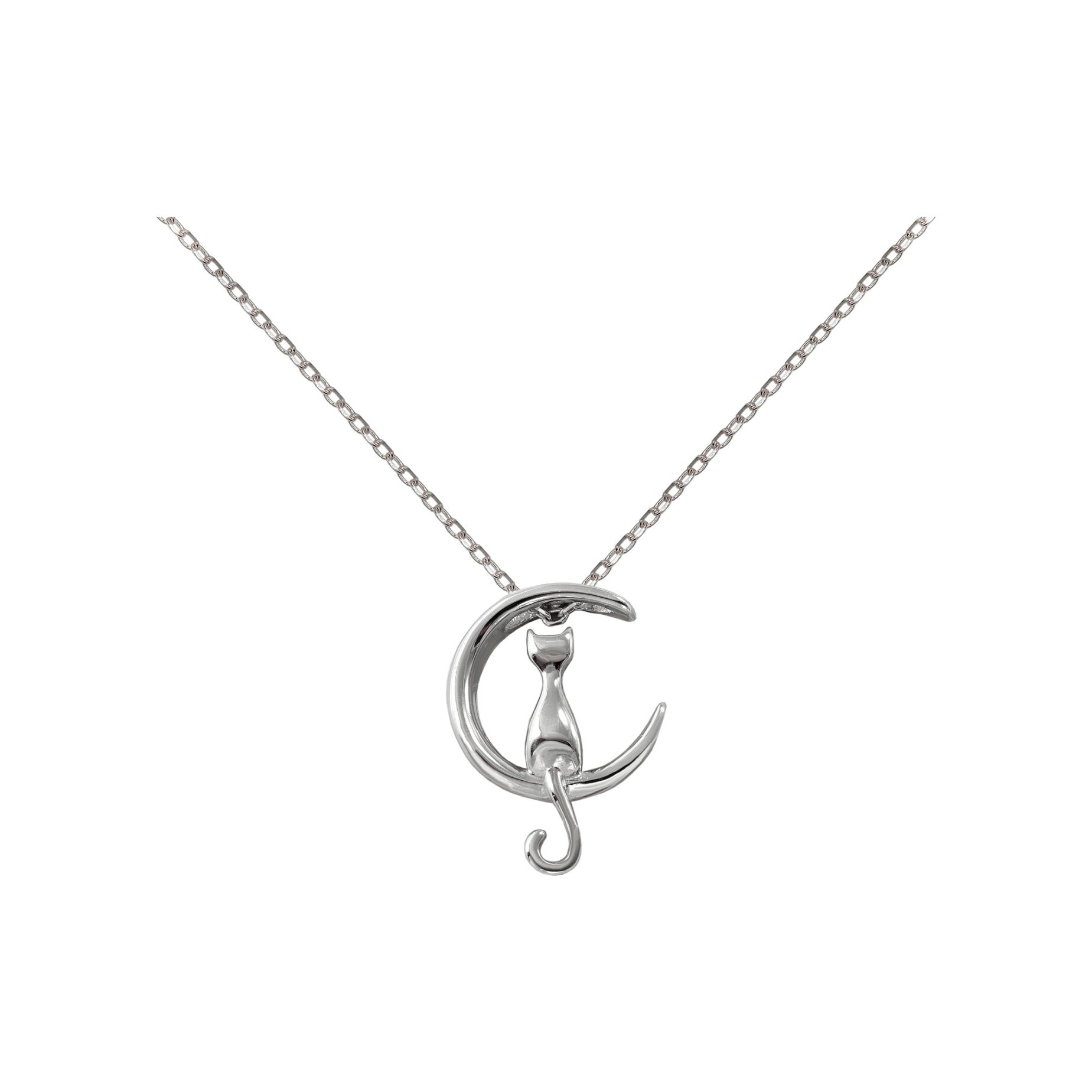 Gargantilla de plata de ley 925 con colgante de gato y luna de 12x16 mm