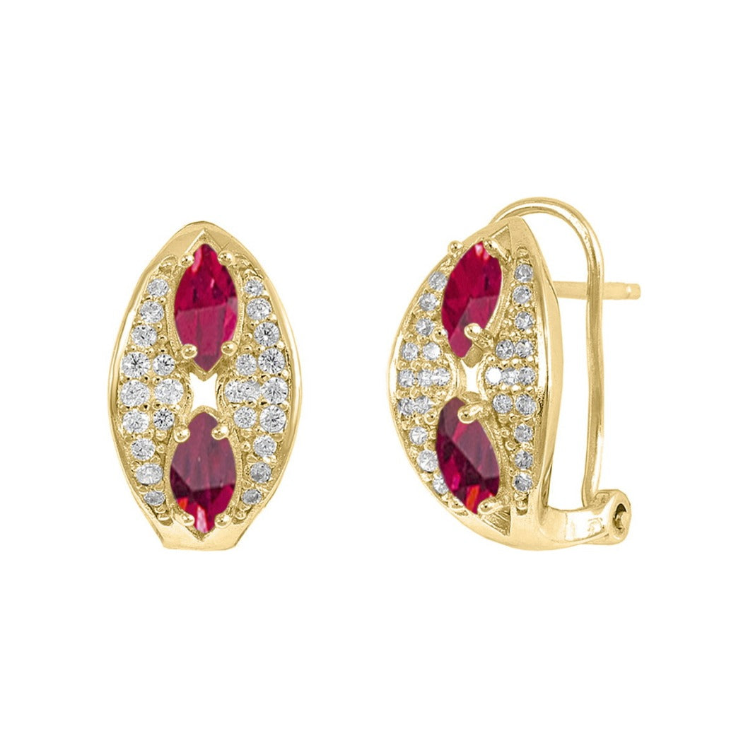 Pendientes de plata de ley 925 con baño de oro de 9x15 mm en marquesa con circonitas rojas rubí