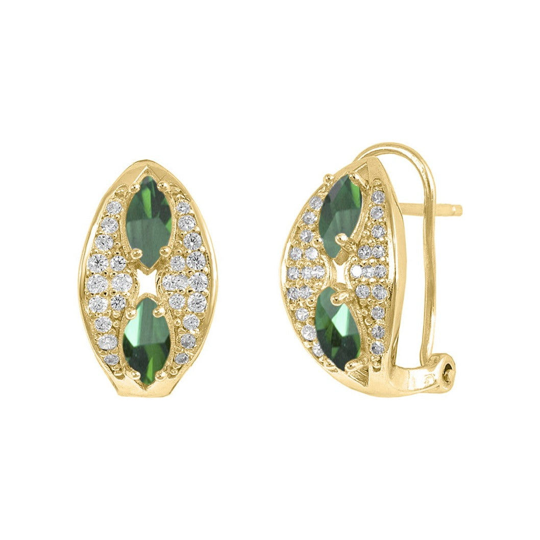 Pendientes de plata de ley 925 con baño de oro de 9x15 mm en marquesa con circonitas verdes esmeralda