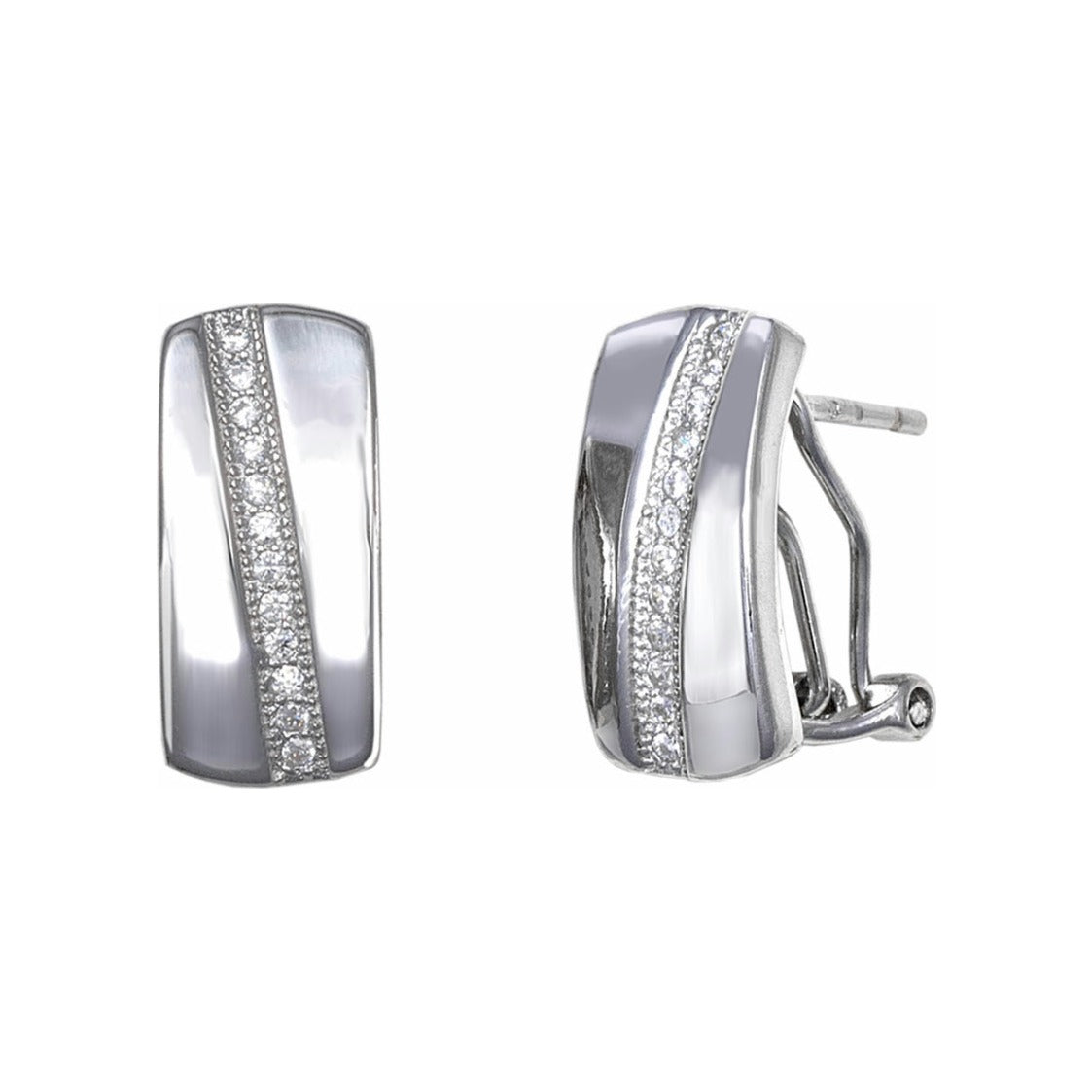 Pendientes de plata de ley 925 de 7x16 mm con franja central de circonitas y cierre omega