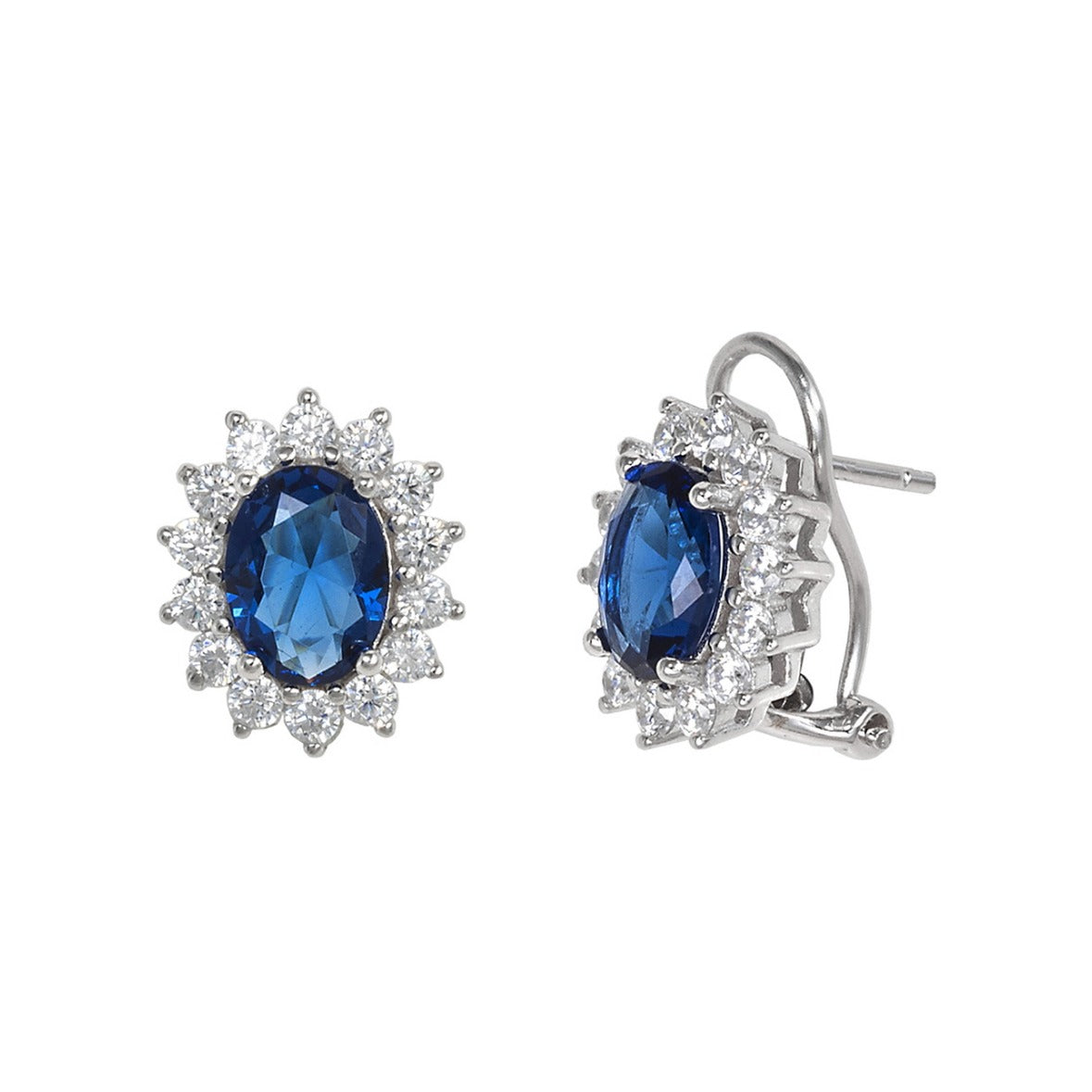 Pendientes roseta de plata de ley 925 de 11x13 mm con circonita azul tipo zafiro