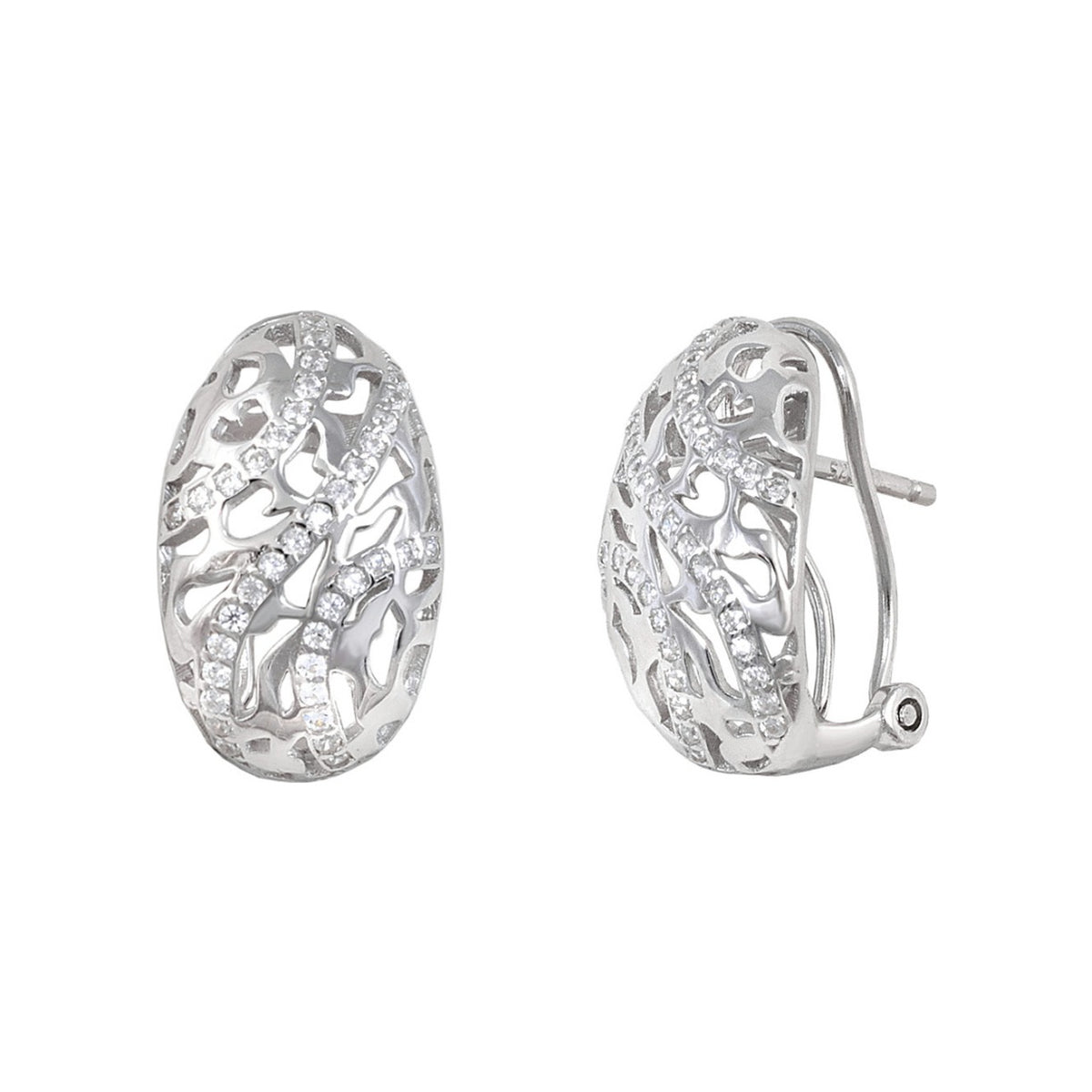 Pendientes ovalados de plata de ley 925 de 10x17 mm con calado y circonitas