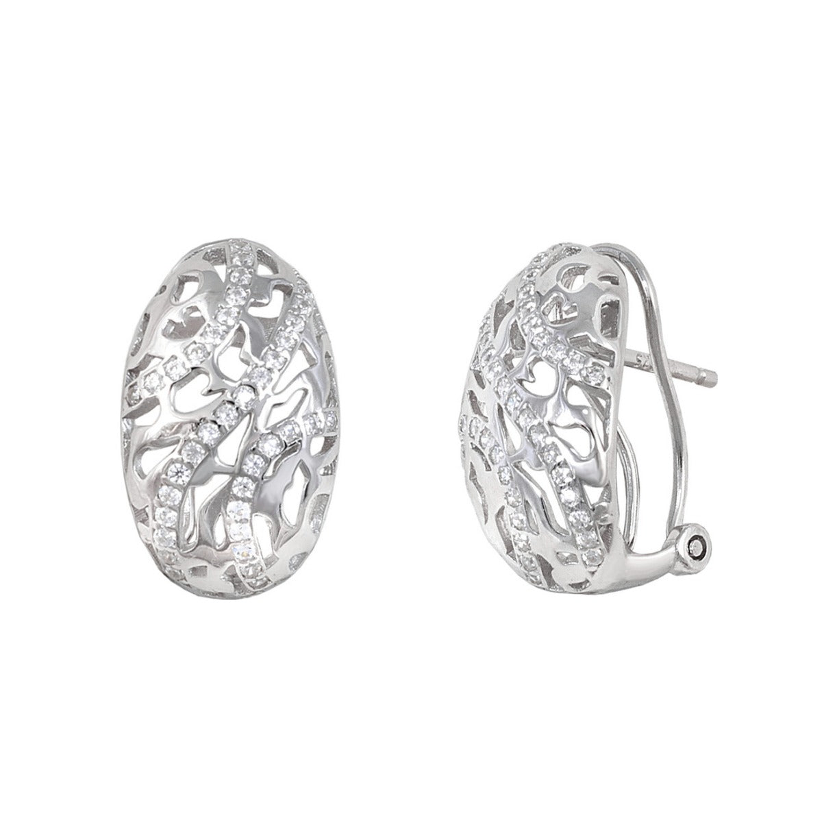Pendientes ovalados de plata de ley 925 de 10x17 mm con calado y circonitas