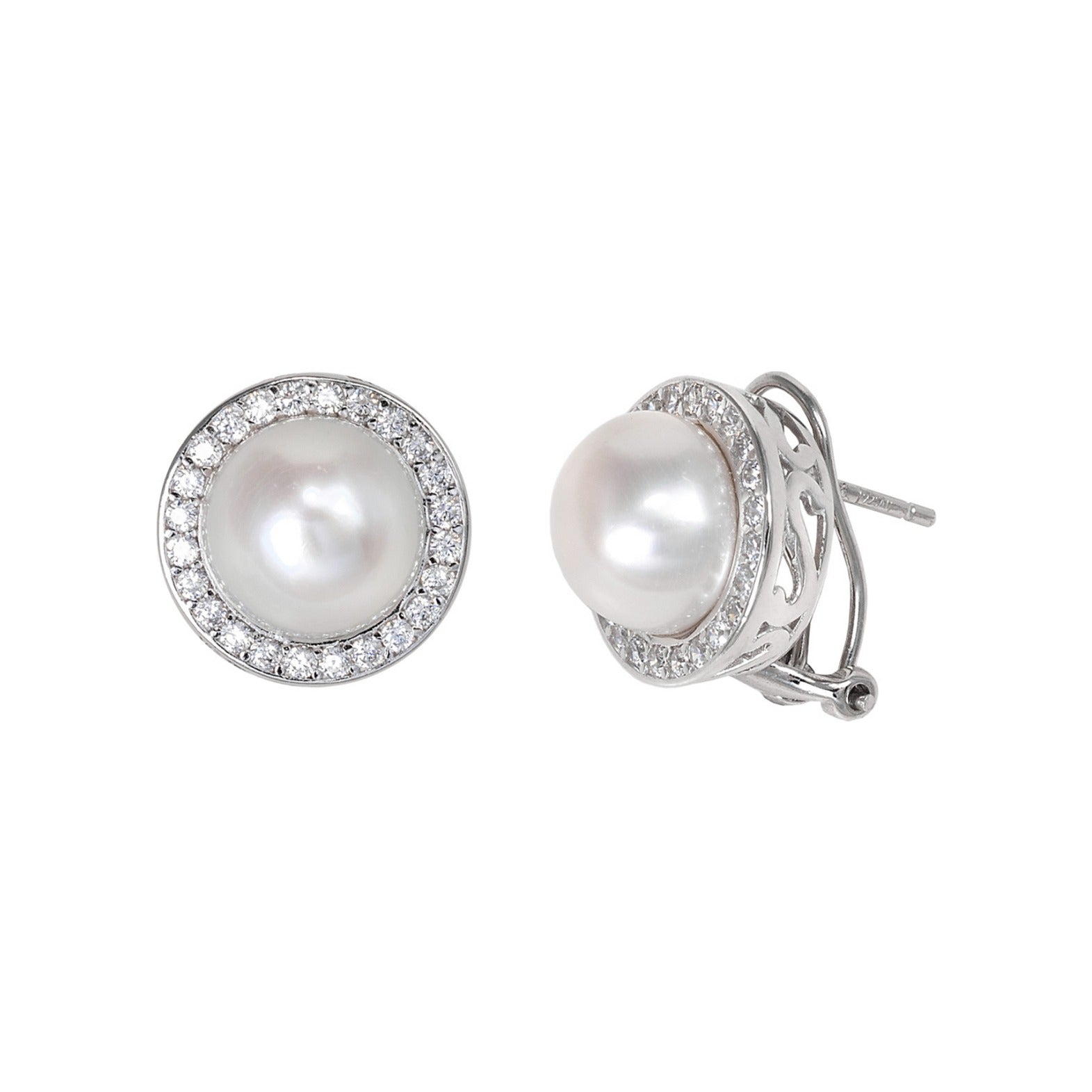 Pendientes de plata de ley 925 de 14,5 mm con orla de circonitas y perla natural