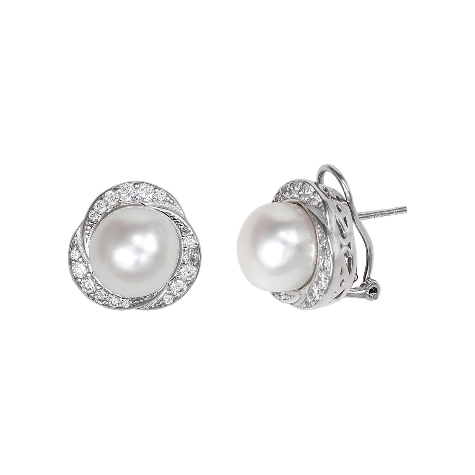 Pendientes de plata de ley 925 de 14,5 mm con perla natural y orla de circonitas