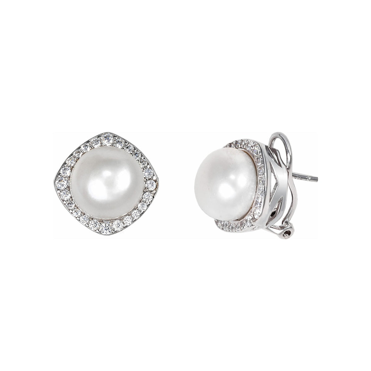 Pendientes de plata de ley 925 de 13 mm con perla natural y orla cuadrada de circonitas