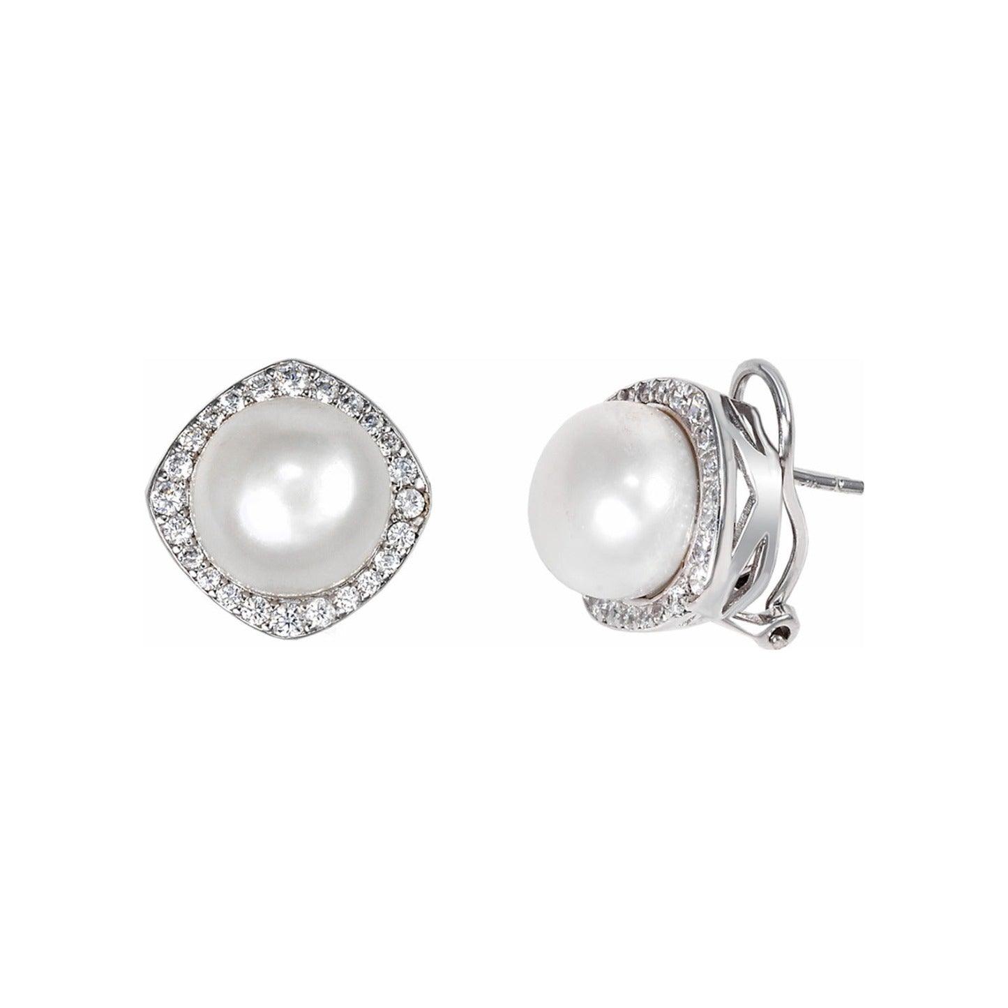 Pendientes de plata de ley 925 de 13 mm con perla natural y orla cuadrada de circonitas