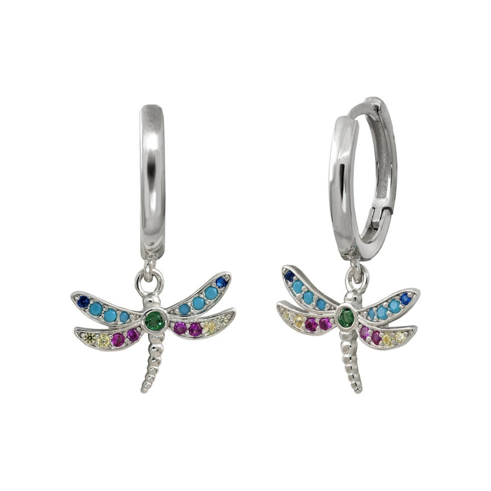 Criollas de plata de ley 925 de 14x11 mm y 14 mm de diámetro con libélula de circonitas de color