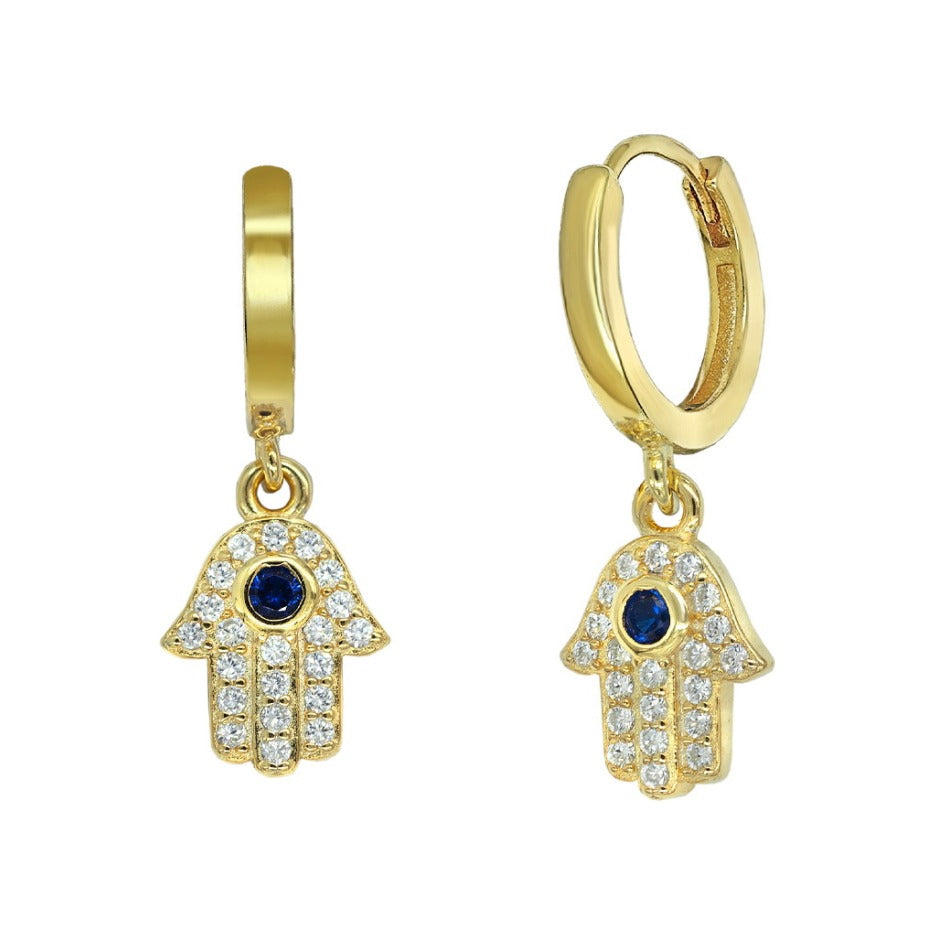 Criollas de plata de ley 925 con baño de oro de 8x22 mm con mano de Fátima de circonitas