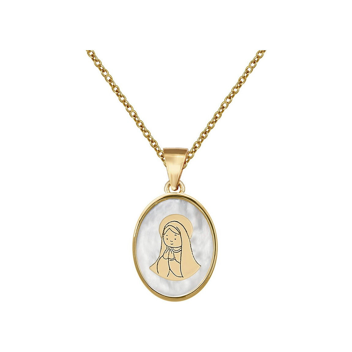 Gargantilla de comunión de plata de ley 925 con baño de oro y Virgen sobre nácar de 12x18 mm