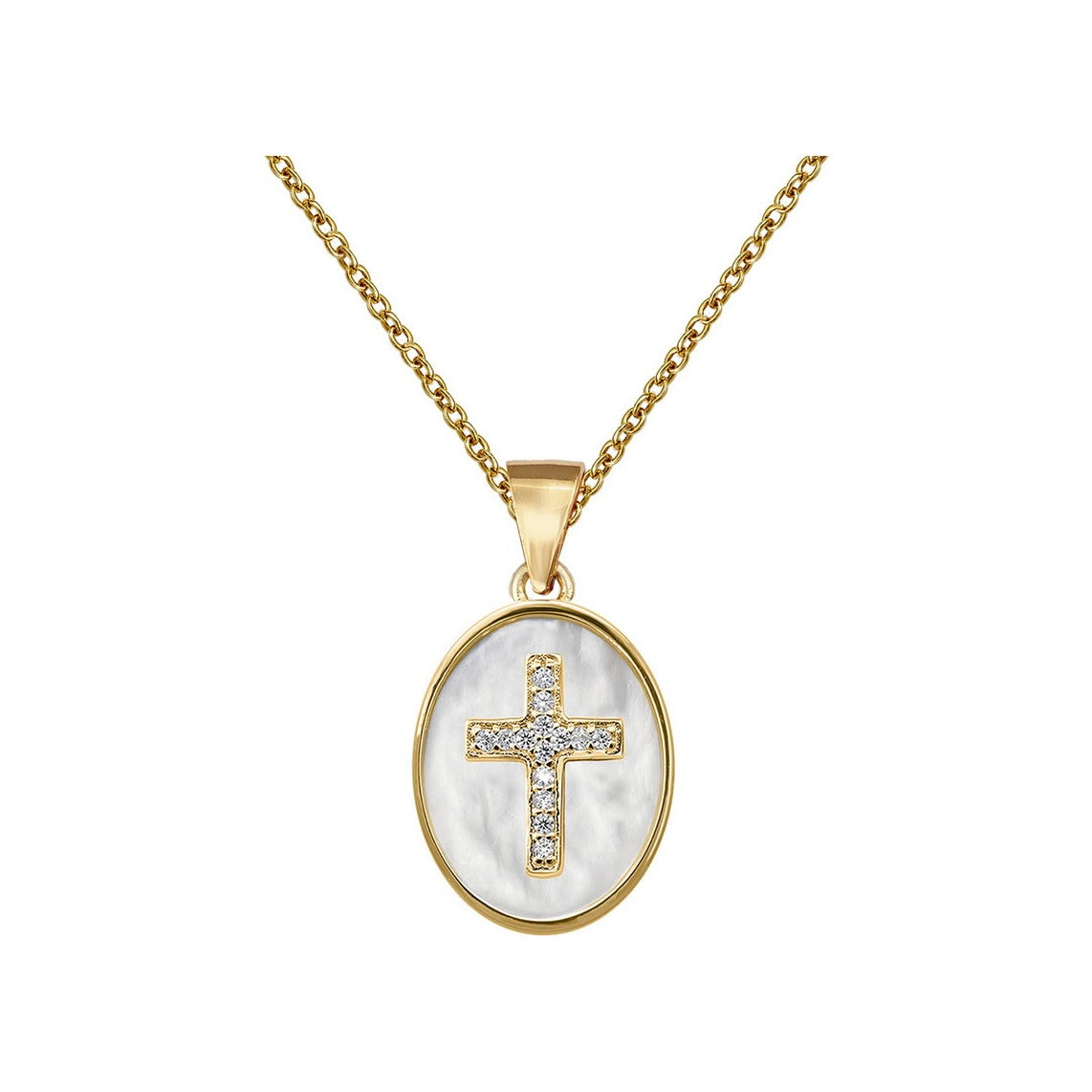 Gargantilla de comunión de plata de ley 925 con baño de oro y cruz de circonitas sobre nácar de 12x18 mm