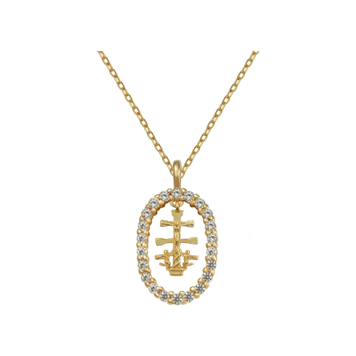 Gargantilla de plata de ley 925 con baño de oro y cruz de Caravaca de 14x20 mm con circonitas