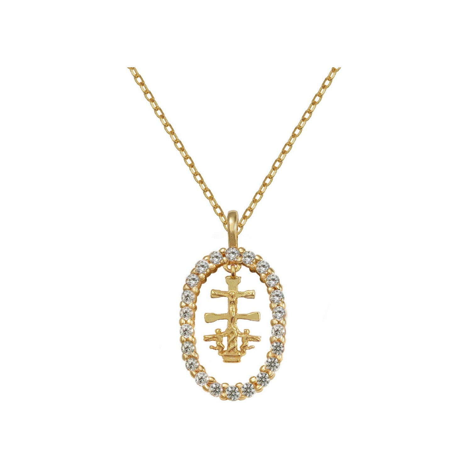 Gargantilla de plata de ley 925 con baño de oro y cruz de Caravaca de 14x20 mm con circonitas