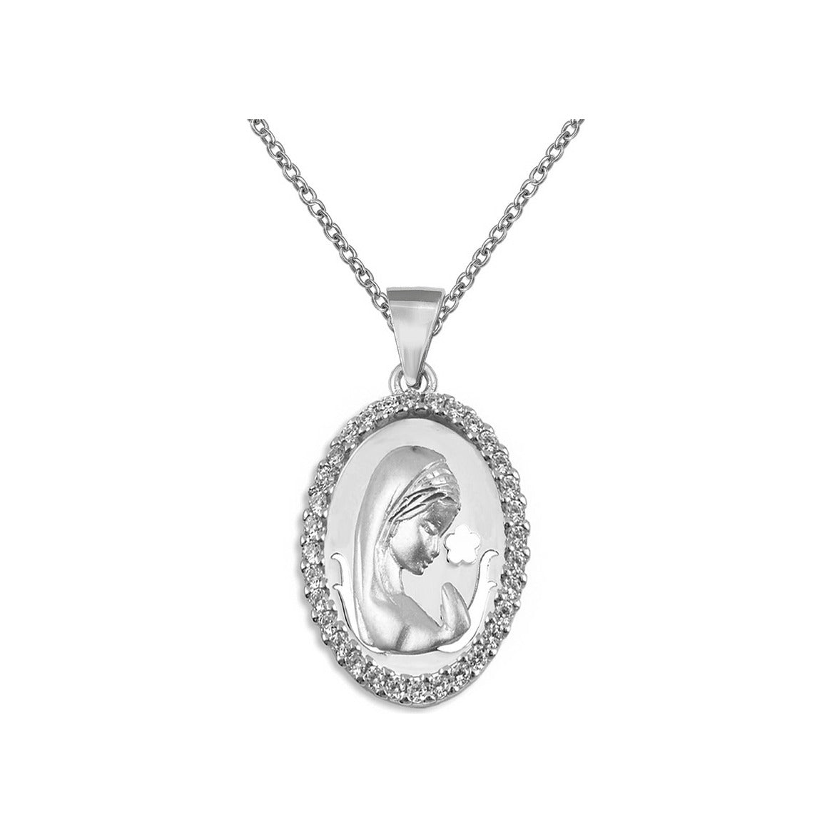 Gargantilla de plata de ley 925 con medalla de la Virgen calada de 14x18 mm con circonitas