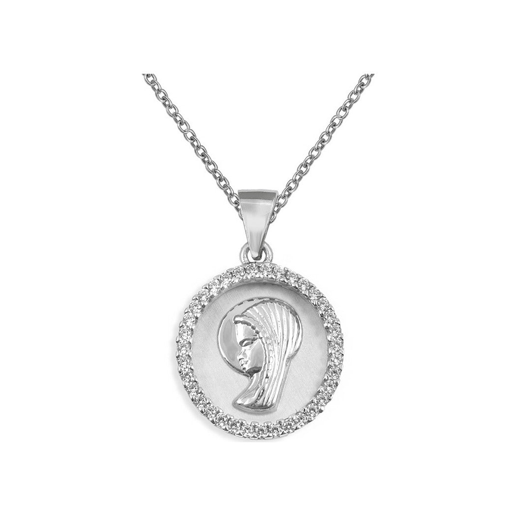 Gargantilla de plata de ley 925 con medalla redonda de la Virgen de 15 mm con circonitas