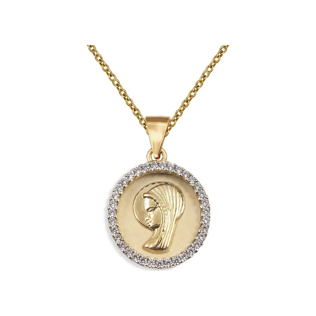 Gargantilla de plata de ley 925 con baño de oro y medalla de la Virgen de 15 mm con circonitas