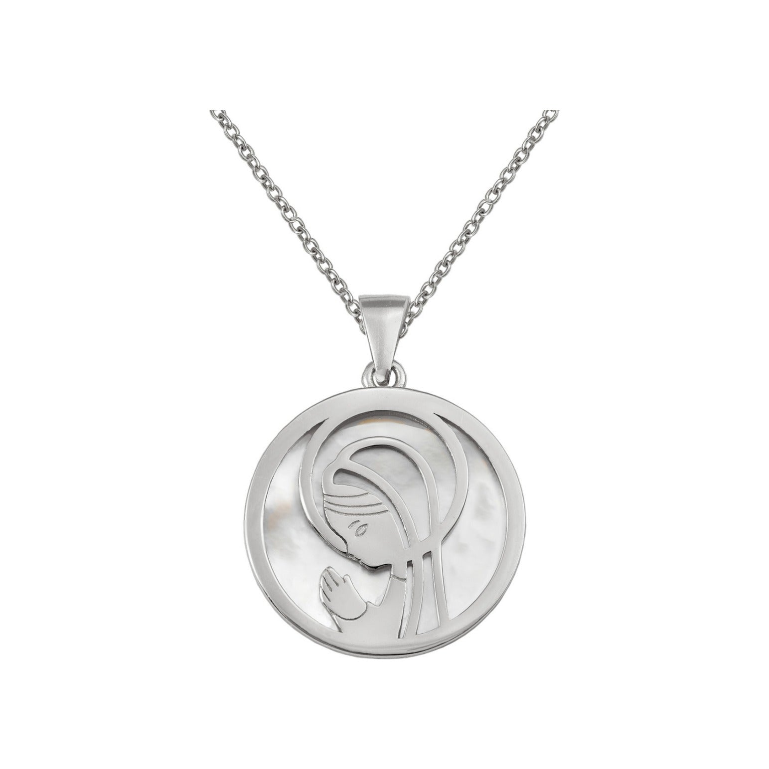 Gargantilla de plata de ley 925 con medalla de la Virgen sobre nácar de 18 mm