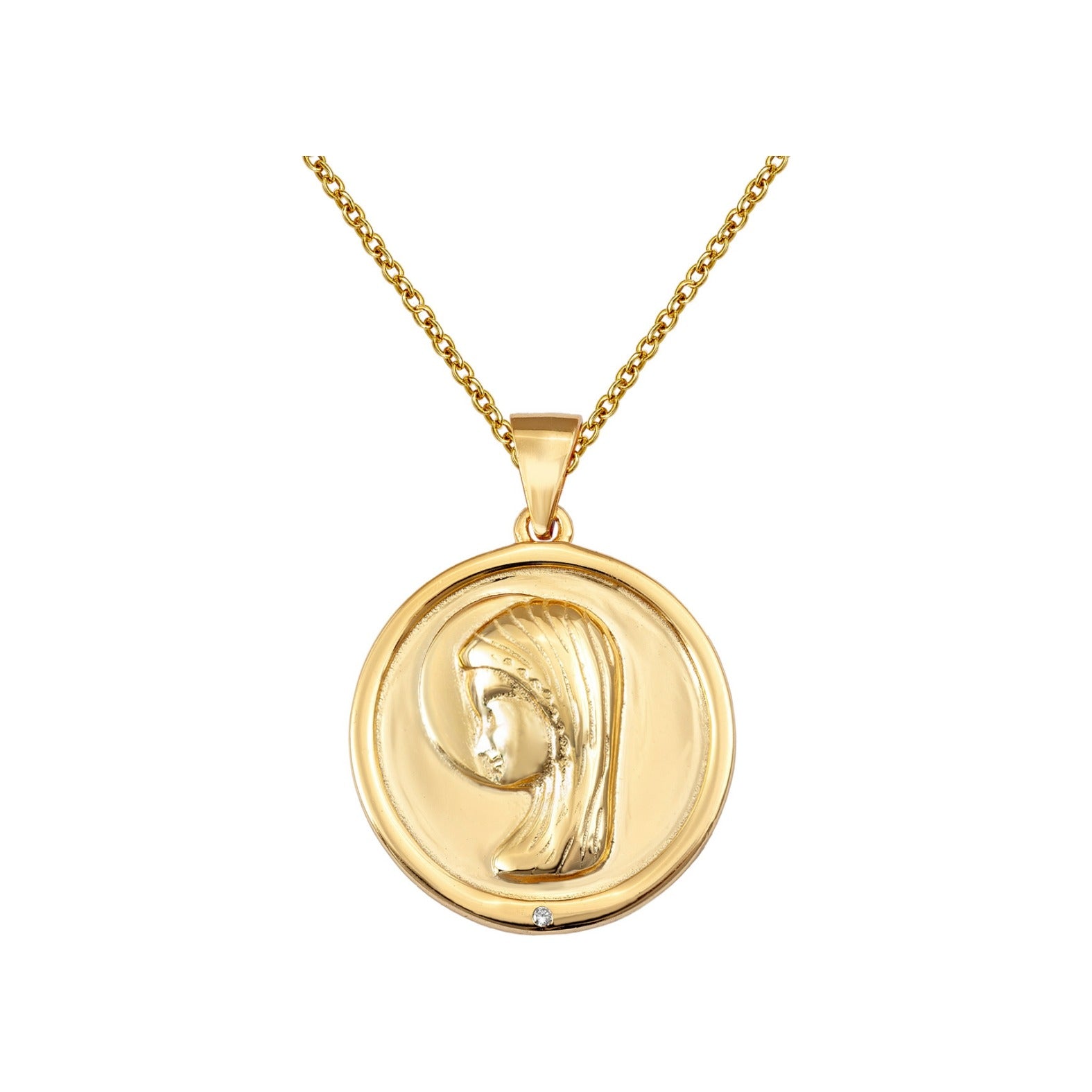 Gargantilla de plata de ley 925 con baño de oro y medalla de la Virgen de 18 mm con circonita