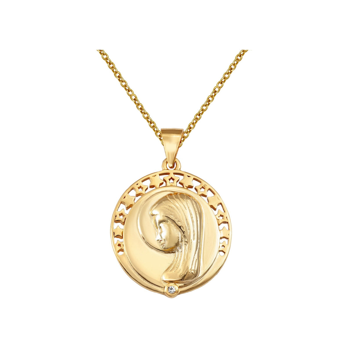 Gargantilla de plata de ley 925 con baño de oro y medalla calada de la Virgen de 18 mm