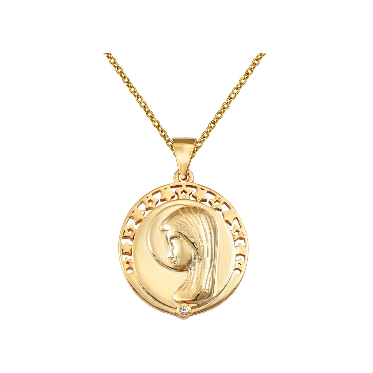 Gargantilla de plata de ley 925 con baño de oro y medalla calada de la Virgen de 18 mm