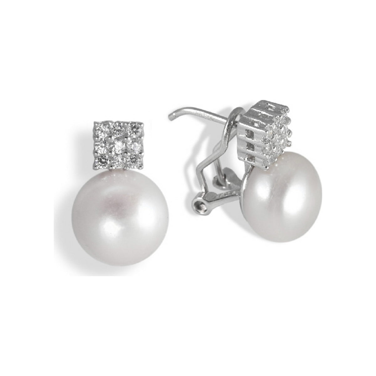 Pendientes de plata de ley 925 de 11x17 mm con circonita cuadrada y perla natural