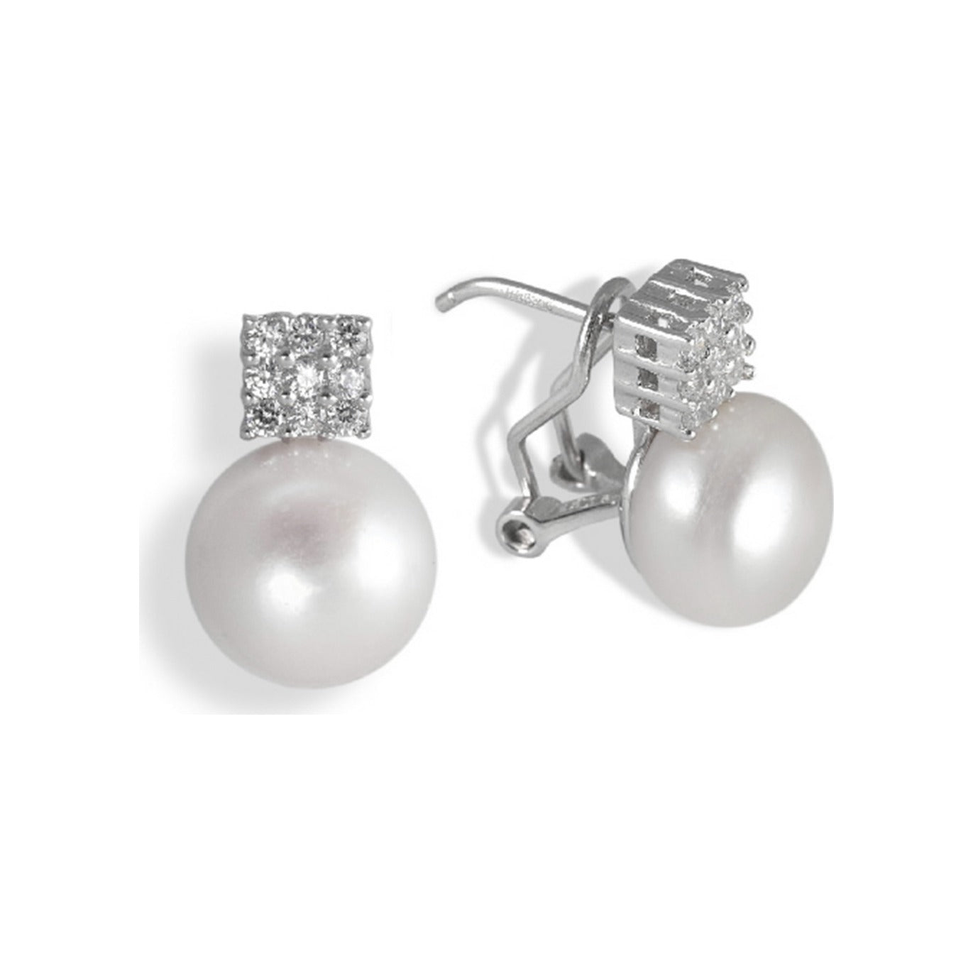 Pendientes de plata de ley 925 de 11x17 mm con circonita cuadrada y perla natural