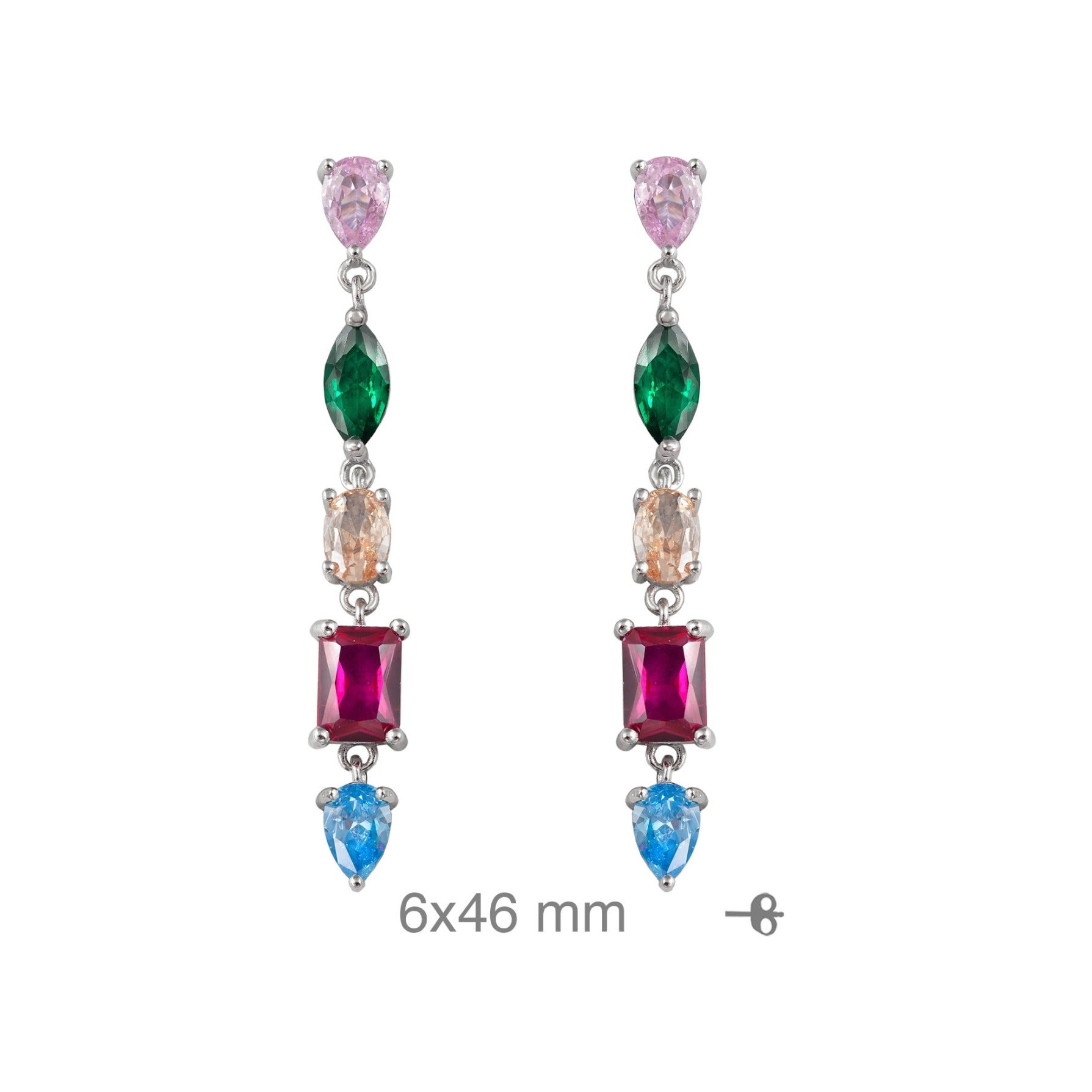 Pendientes largos de plata de ley 925 de 6x46 mm con circonitas de colores