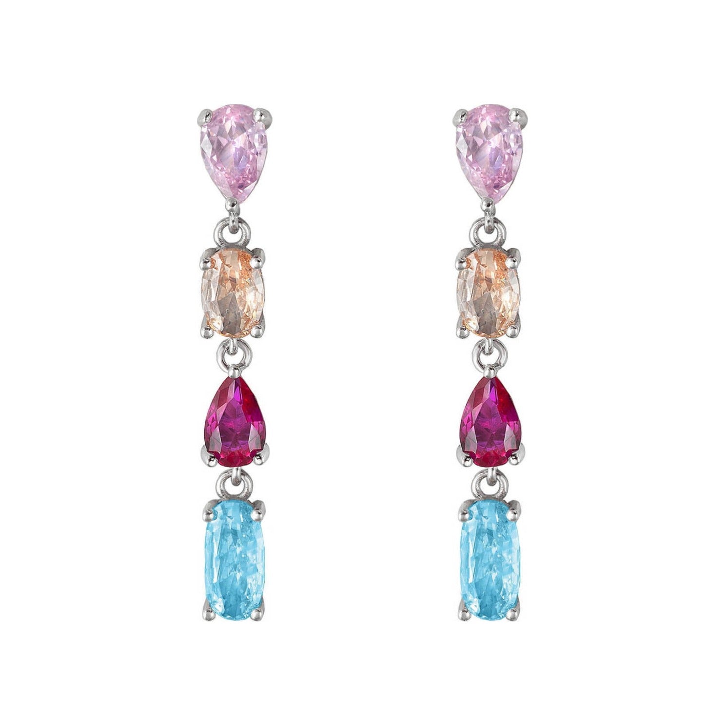 Pendientes largos de plata de ley 925 de 5x36 mm con circonitas multicolor