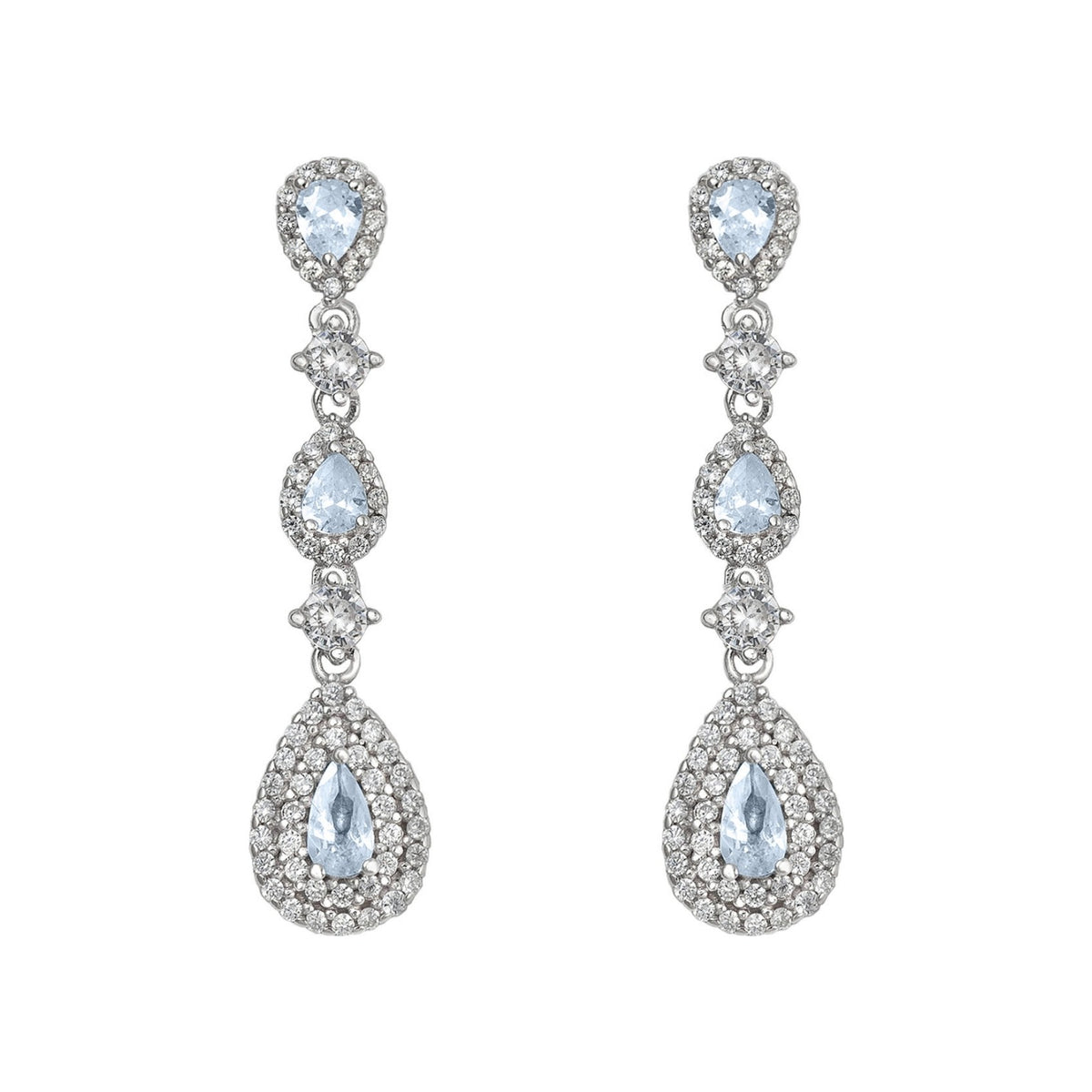 Pendientes largos de plata de ley 925 de 8x35 mm con orlas de circonitas y gota aguamarina
