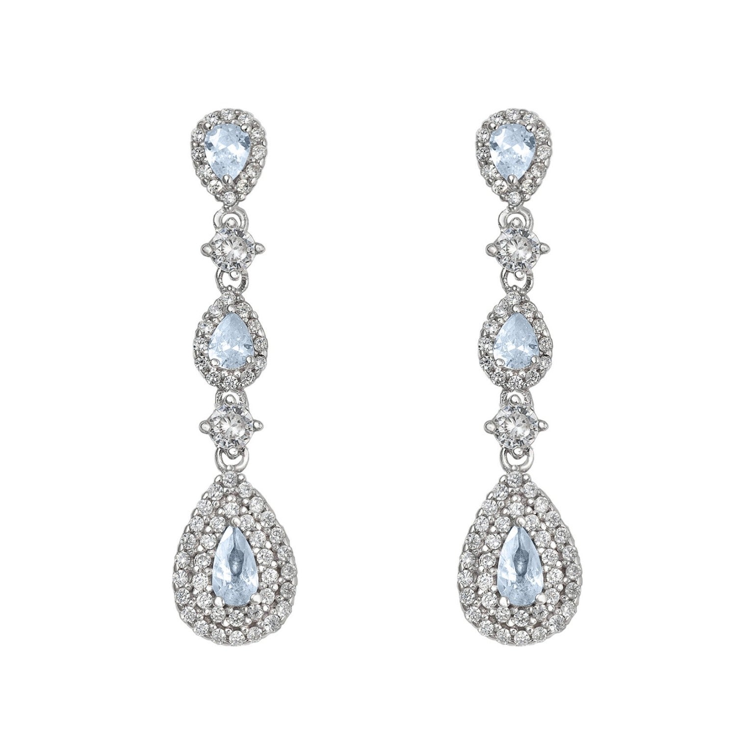 Pendientes largos de plata de ley 925 de 8x35 mm con orlas de circonitas y gota aguamarina
