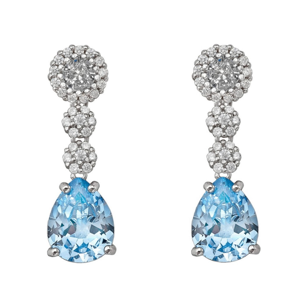 Pendientes de plata de ley 925 de 8x26 mm con gota azul tipo topacio y circonitas