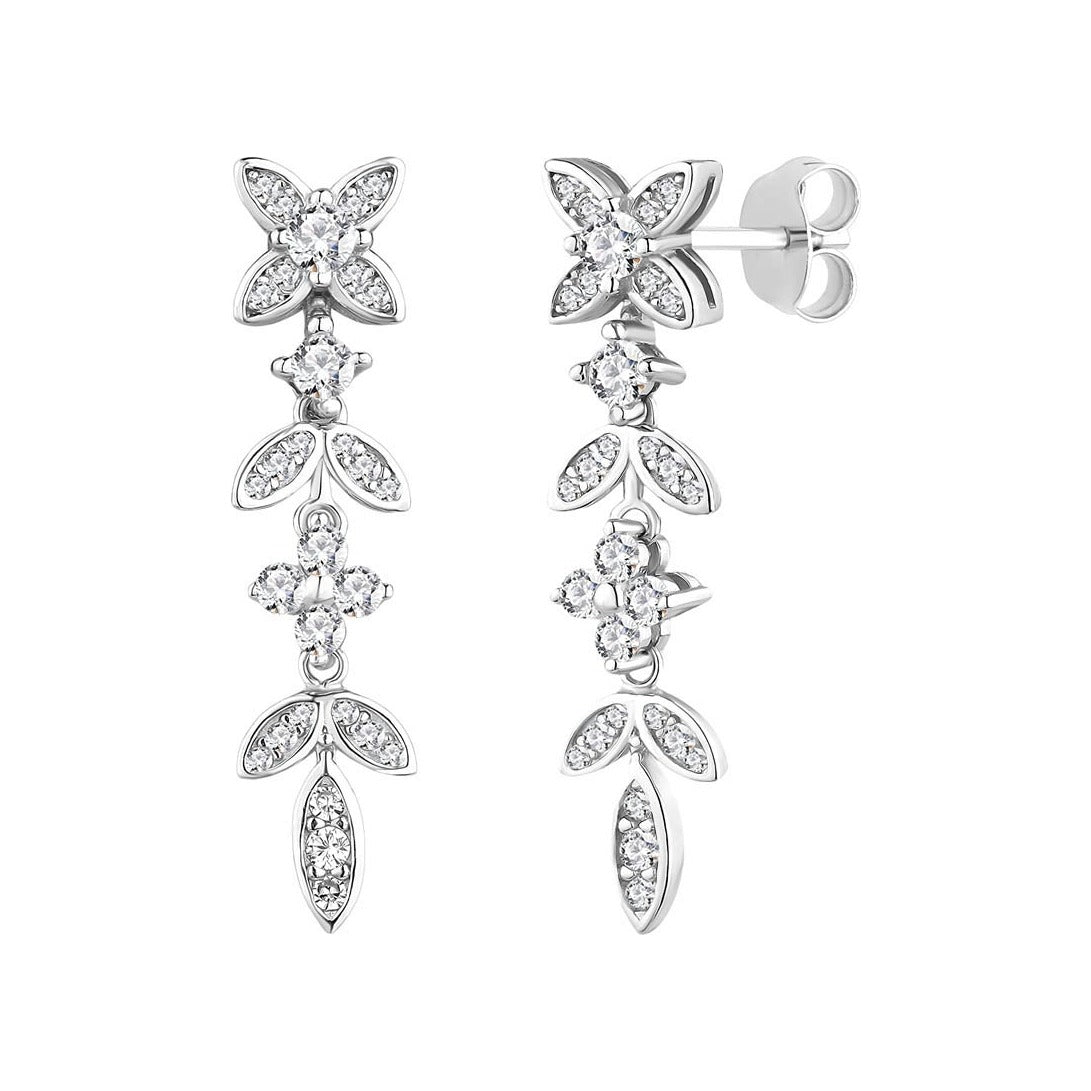 Pendientes largos de plata de ley 925 de 7x31 mm con hojas de circonitas