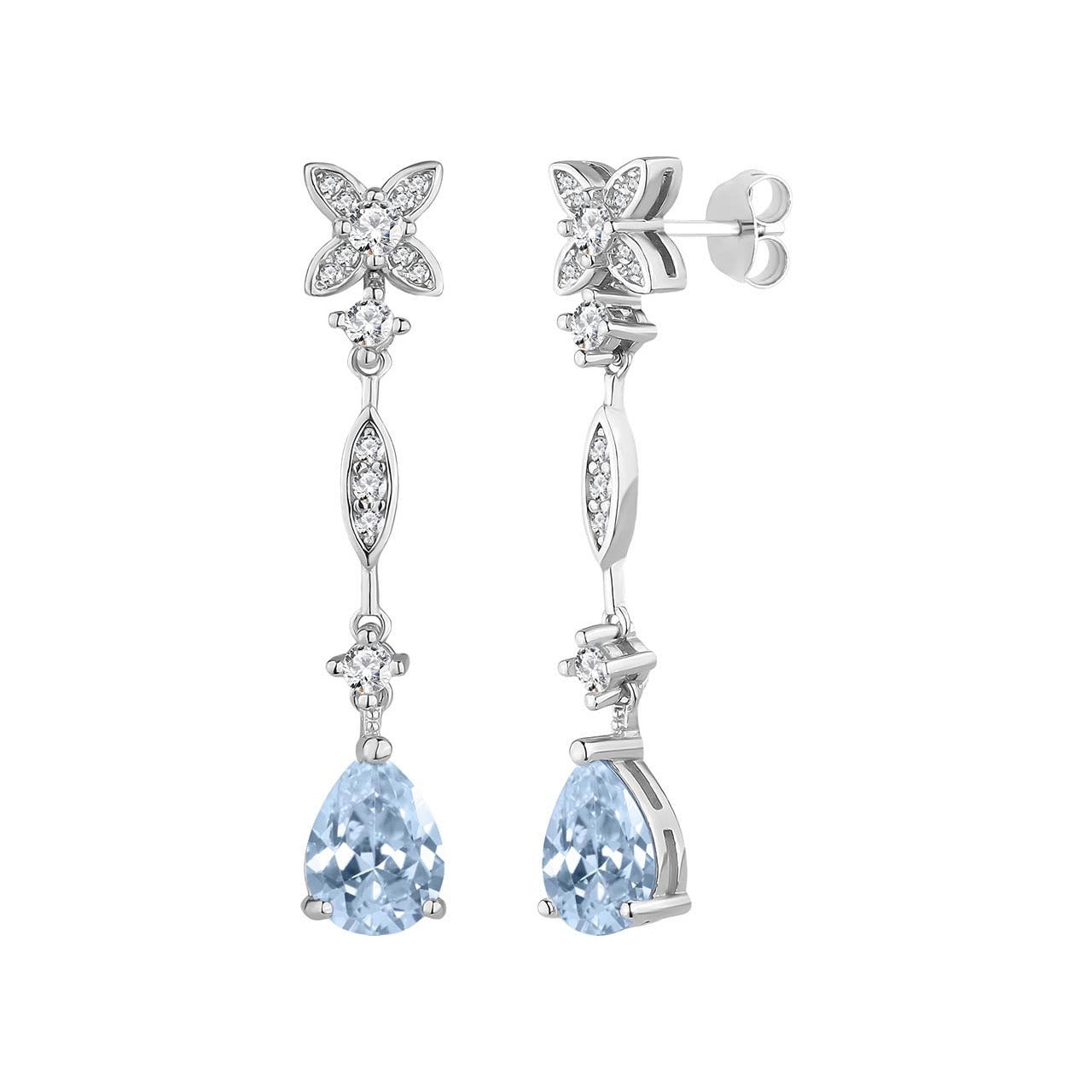 Pendientes largos de plata de ley 925 de 7x40 mm con hojas de circonitas y gota aguamarina