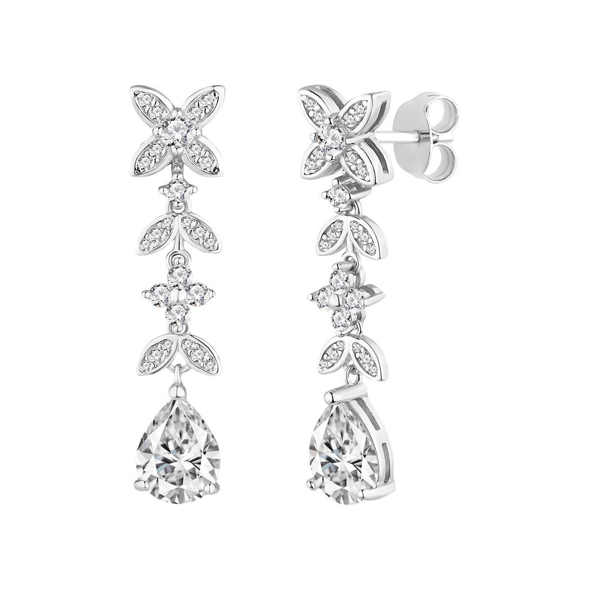 Pendientes largos de plata de ley 925 de 8x35 mm con flores y gota de circonitas