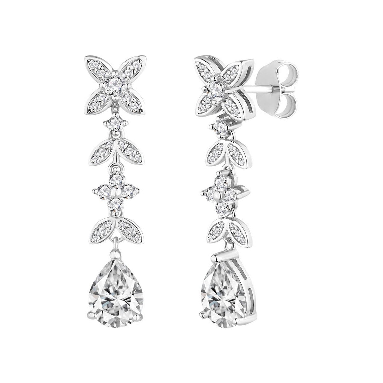 Pendientes largos de plata de ley 925 de 8x35 mm con flores y gota de circonitas