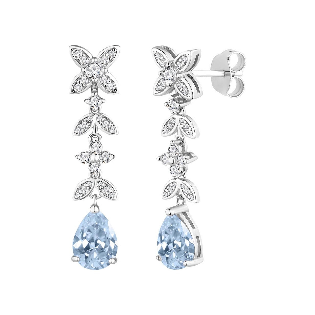 Pendientes largos de plata de ley 925 de 8x35 mm con gota azul aguamarina y circonitas