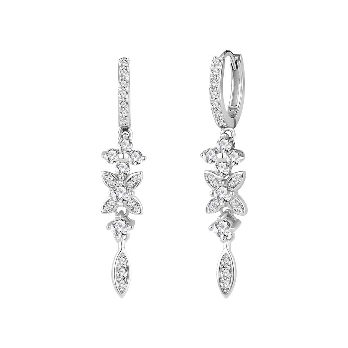 Criollas de plata de ley 925 de 6x33 mm y 12 mm de diámetro con colgante de hojas de circonitas