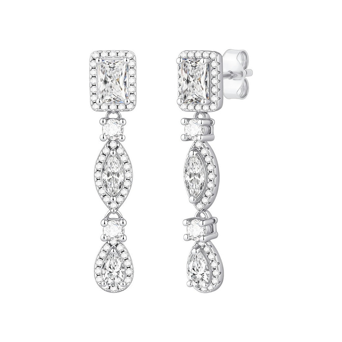 Pendientes largos de plata de ley 925 de 6x32 mm con módulos rectangulares de circonitas